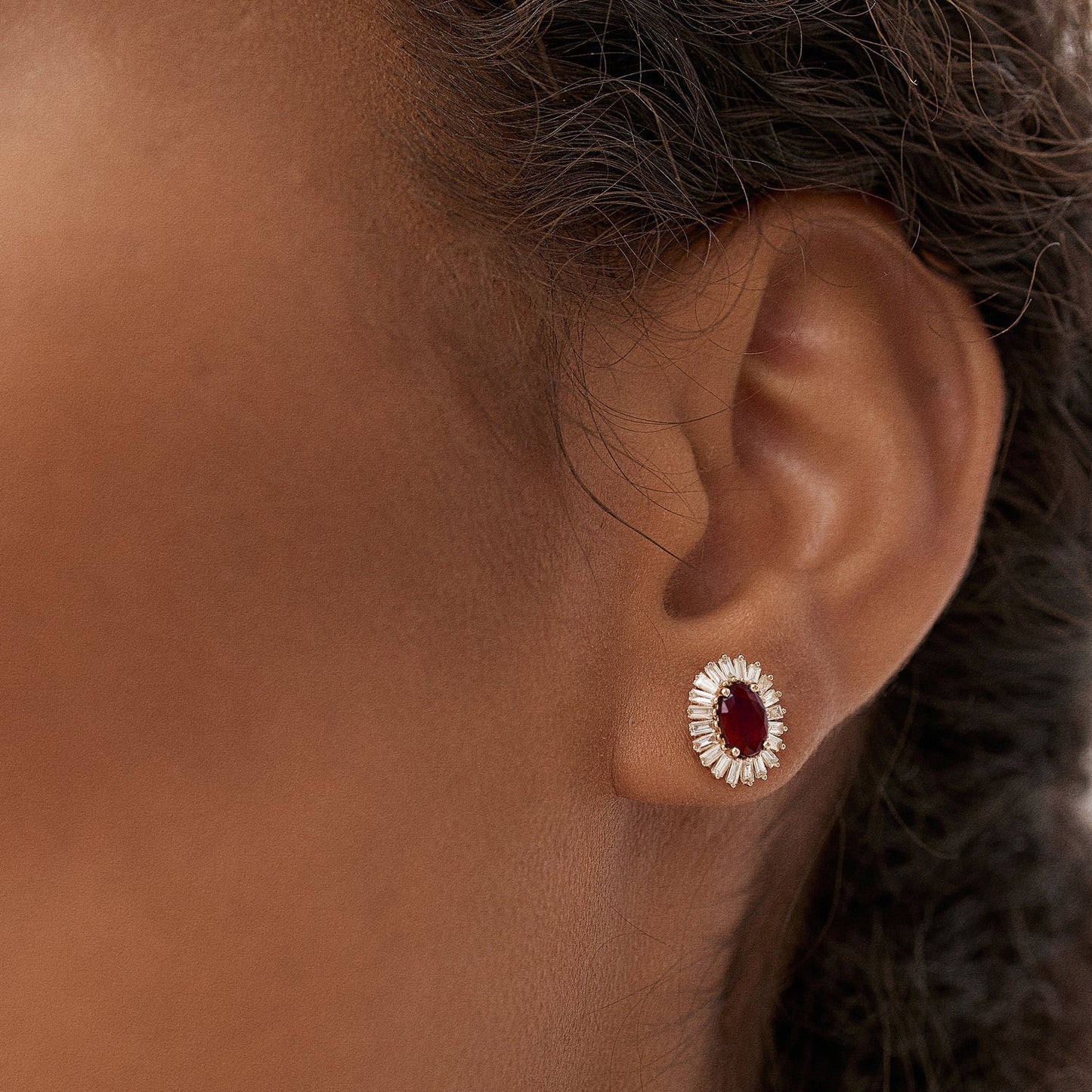14k Ruby and Baguette Diamond Ballerina Stud Earrings - Geum Jewels