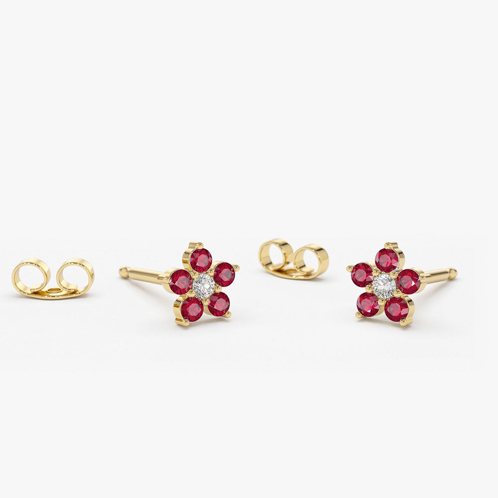 14K Ruby and Diamond Flower Studs - Geum Jewels