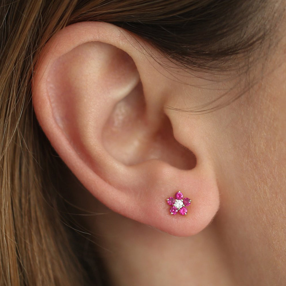 14K Ruby and Diamond Flower Studs - Geum Jewels