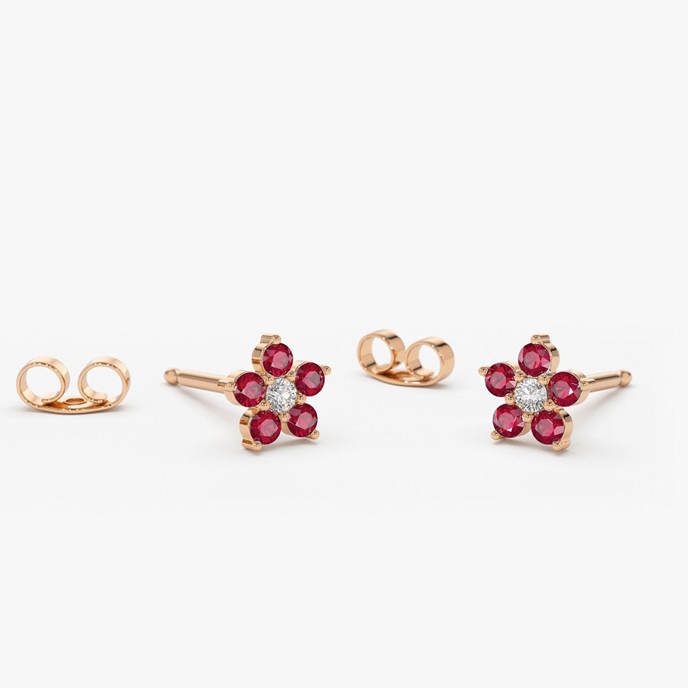 14K Ruby and Diamond Flower Studs - Geum Jewels