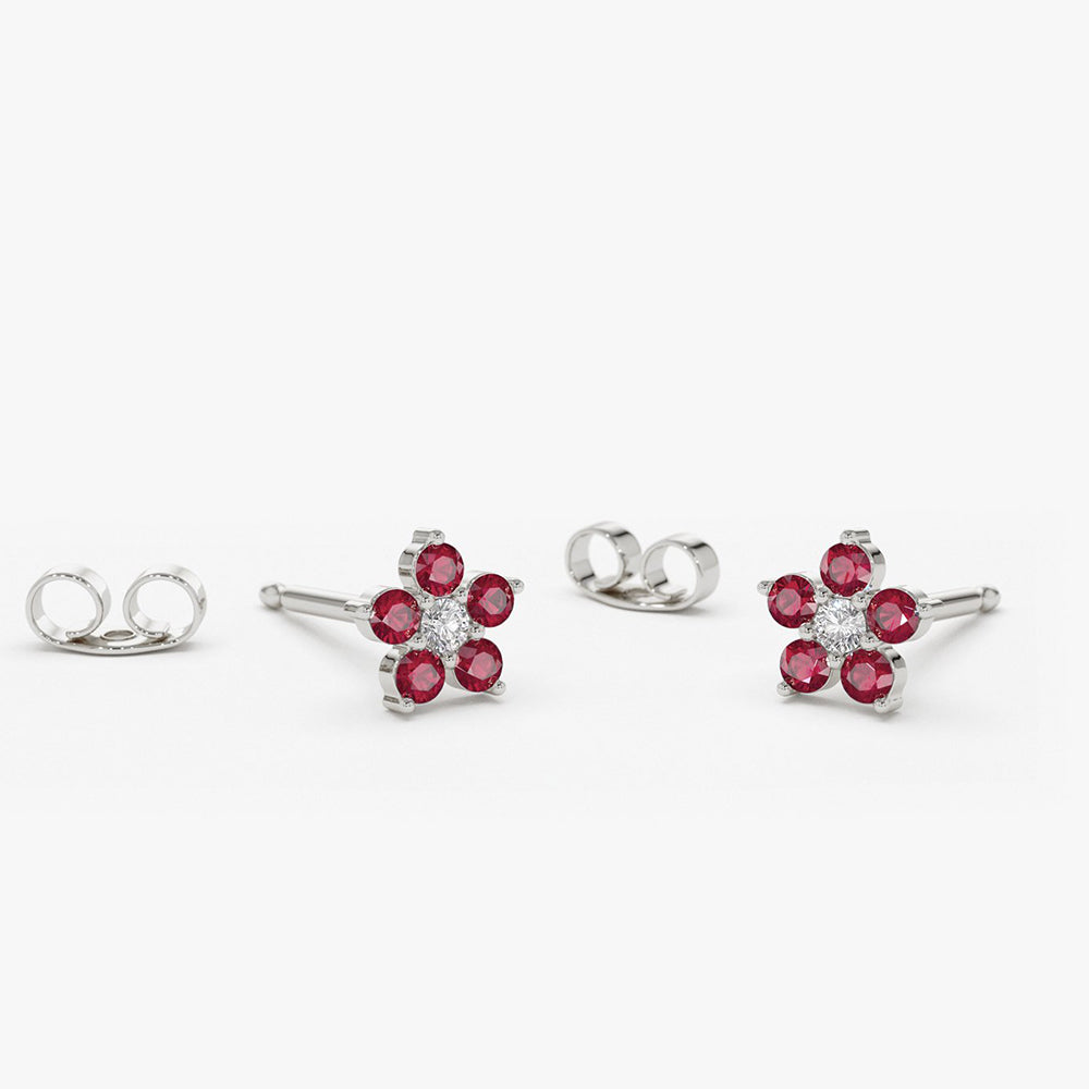 14K Ruby and Diamond Flower Studs - Geum Jewels
