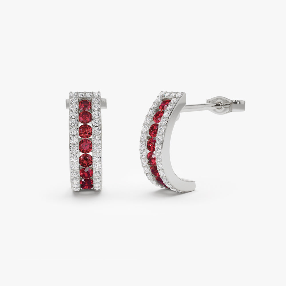 14k Ruby and Round Diamond Hoop Earrings - Geum Jewels