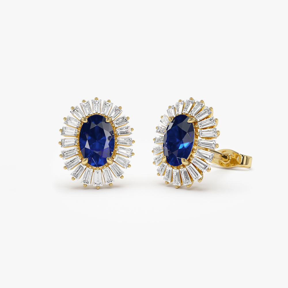 14k Sapphire and Baguette Diamond Ballerina Stud Earrings - Geum Jewels