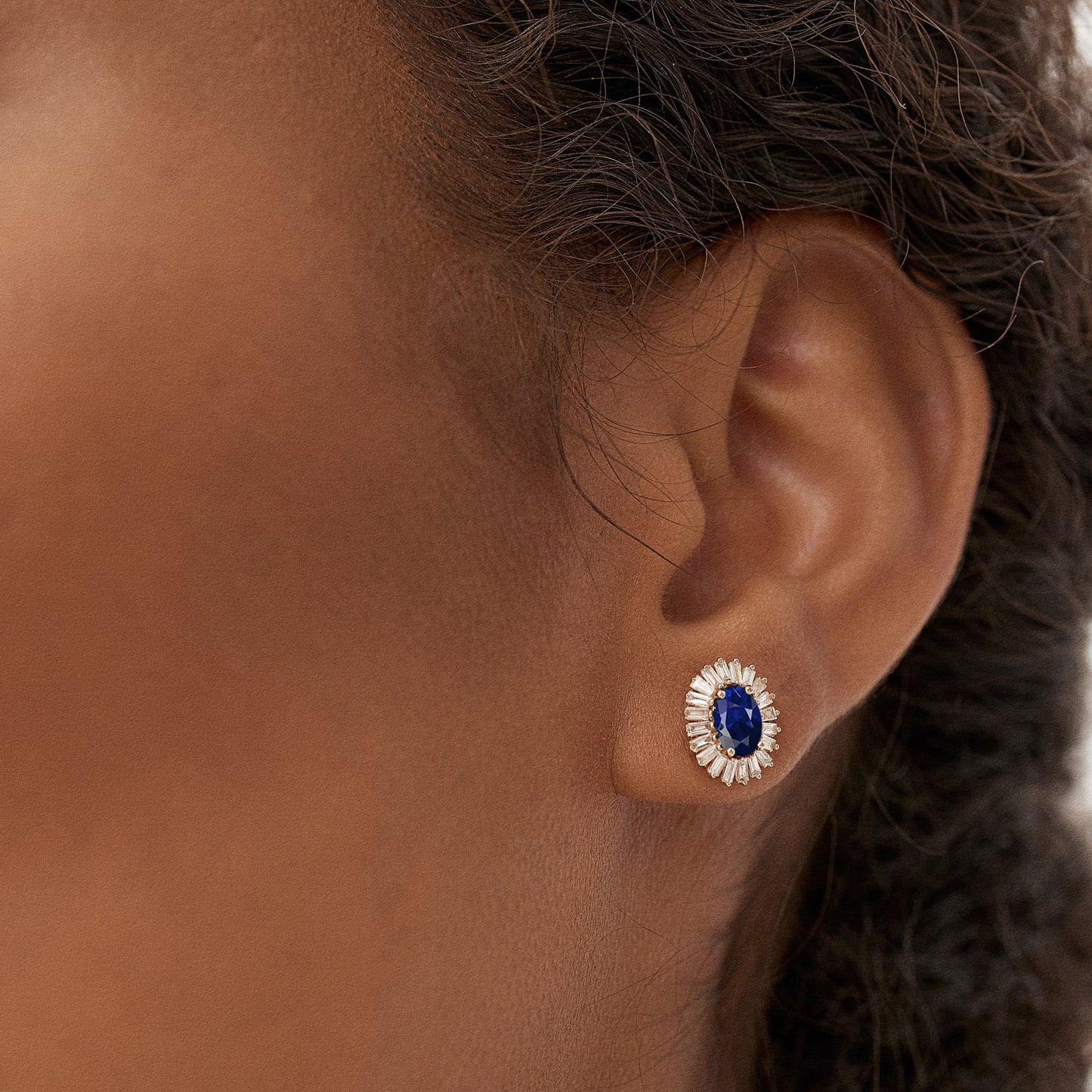 14k Sapphire and Baguette Diamond Ballerina Stud Earrings - Geum Jewels