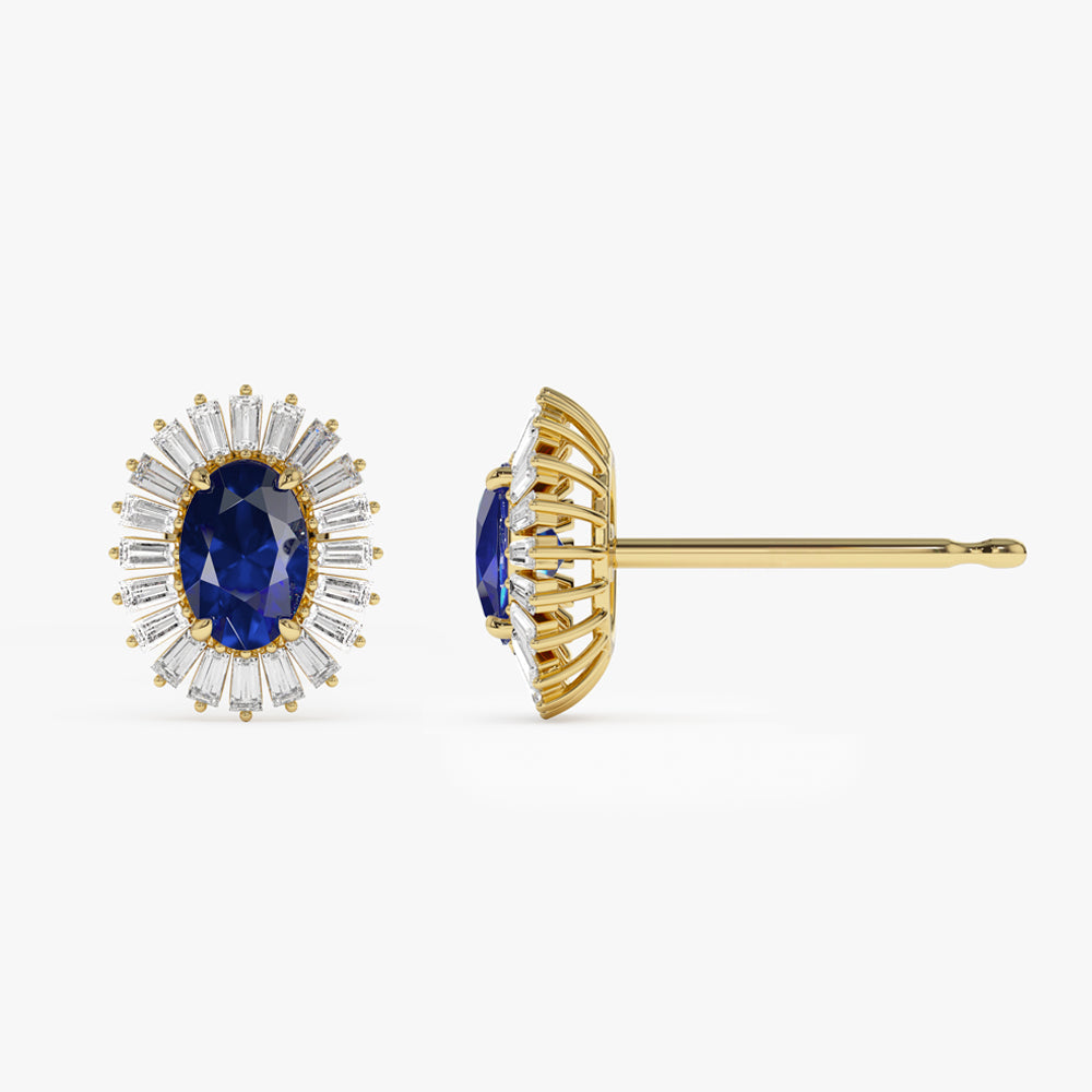 14k Sapphire and Baguette Diamond Ballerina Stud Earrings - Geum Jewels