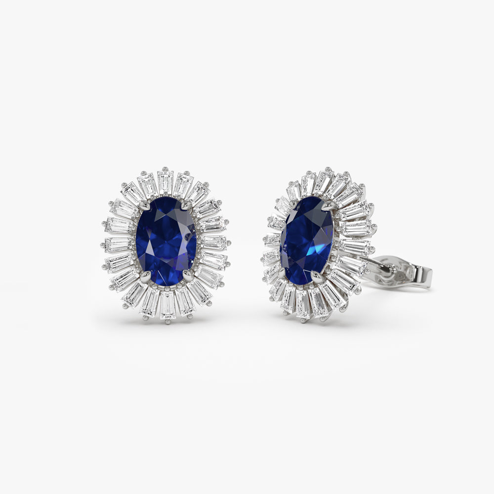 14k Sapphire and Baguette Diamond Ballerina Stud Earrings - Geum Jewels