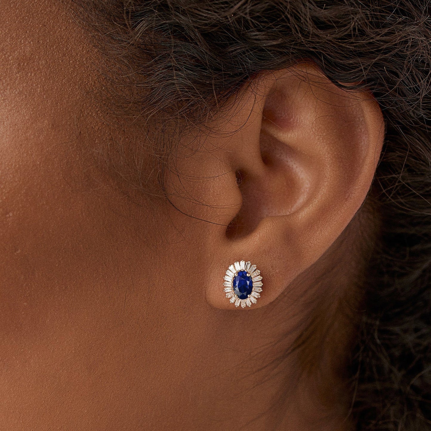 14k Sapphire and Baguette Diamond Ballerina Stud Earrings - Geum Jewels