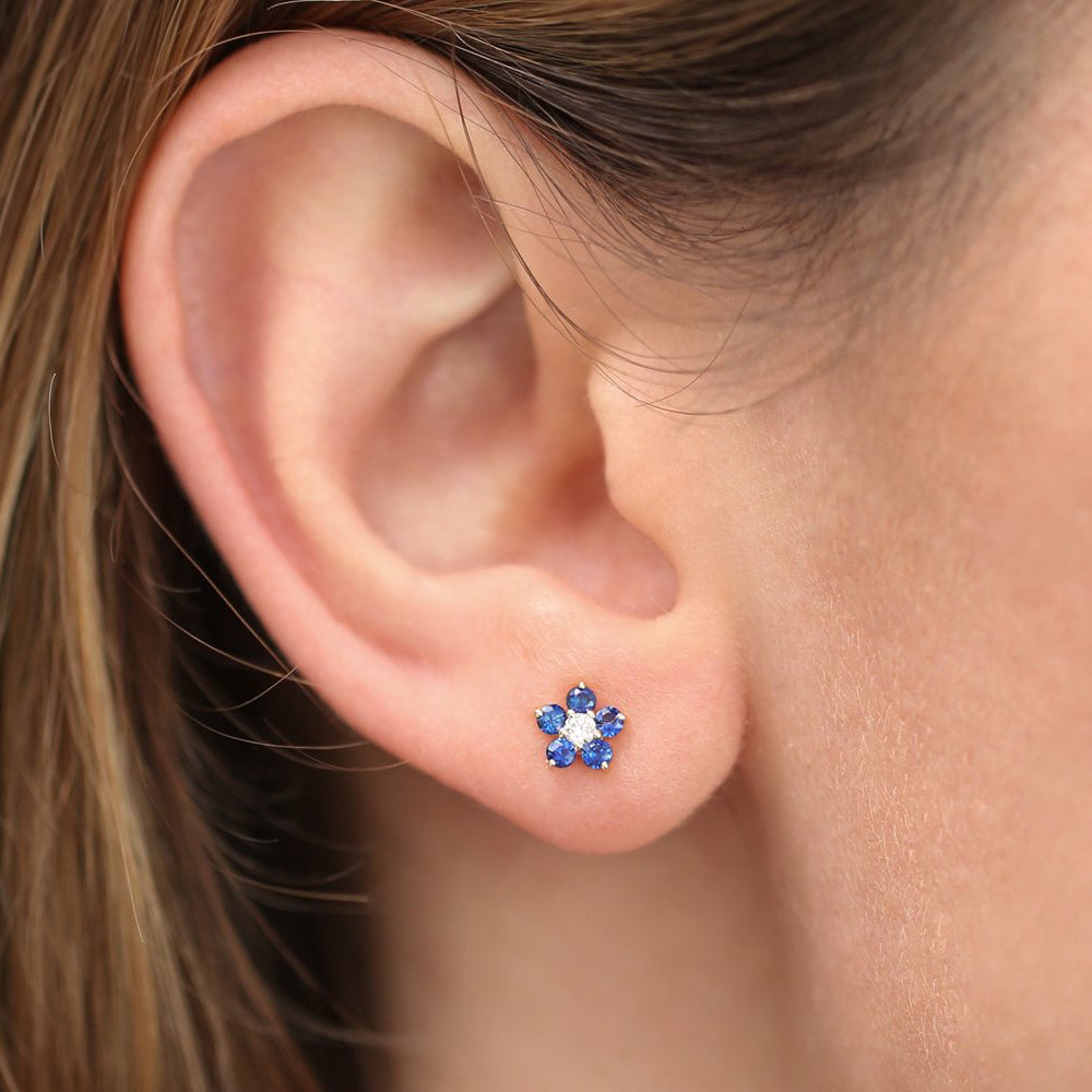 14k Sapphire and Diamond Flower Studs - Geum Jewels