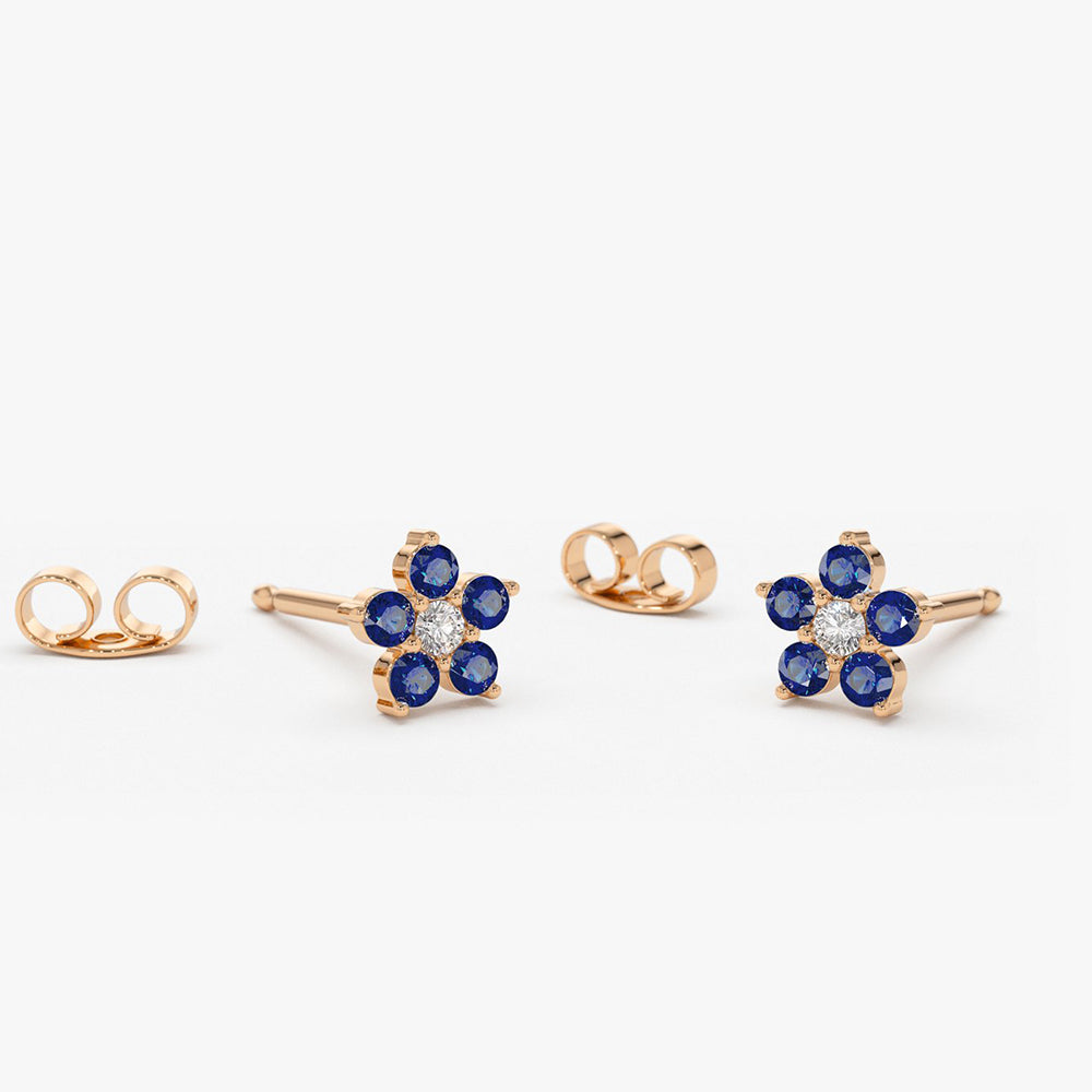 14k Sapphire and Diamond Flower Studs - Geum Jewels