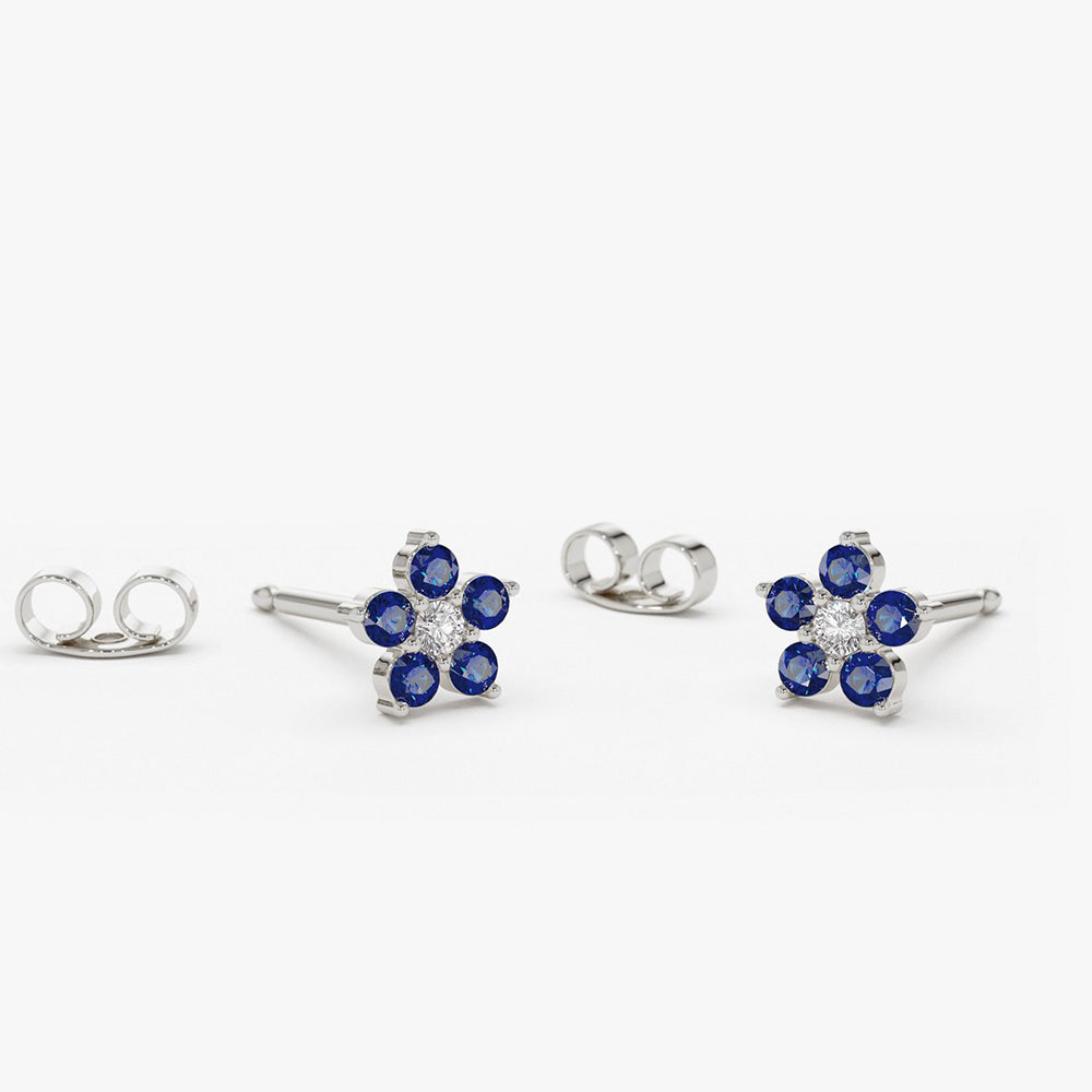 14k Sapphire and Diamond Flower Studs - Geum Jewels