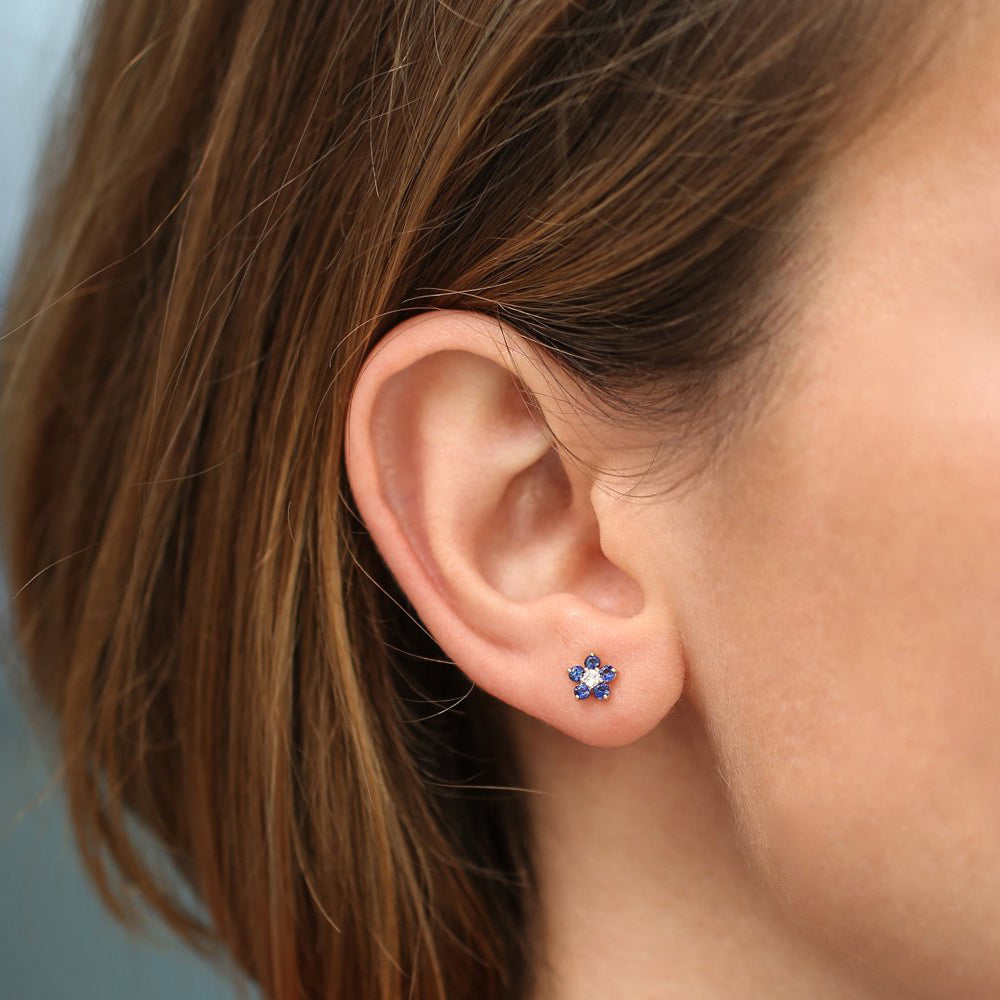 14k Sapphire and Diamond Flower Studs - Geum Jewels