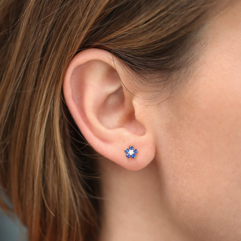 14k Sapphire and Diamond Flower Studs - Geum Jewels
