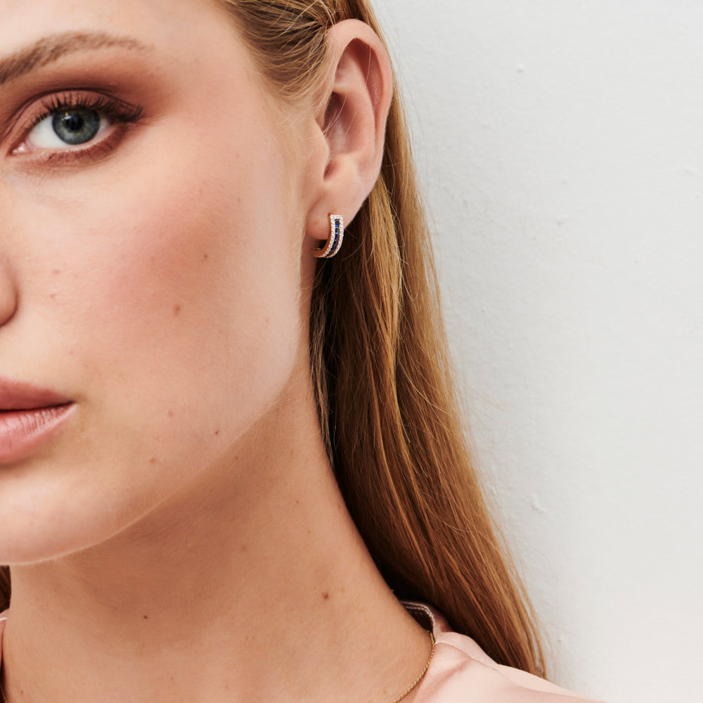 14k Sapphire and Round Diamond Hoop Earrings - Geum Jewels