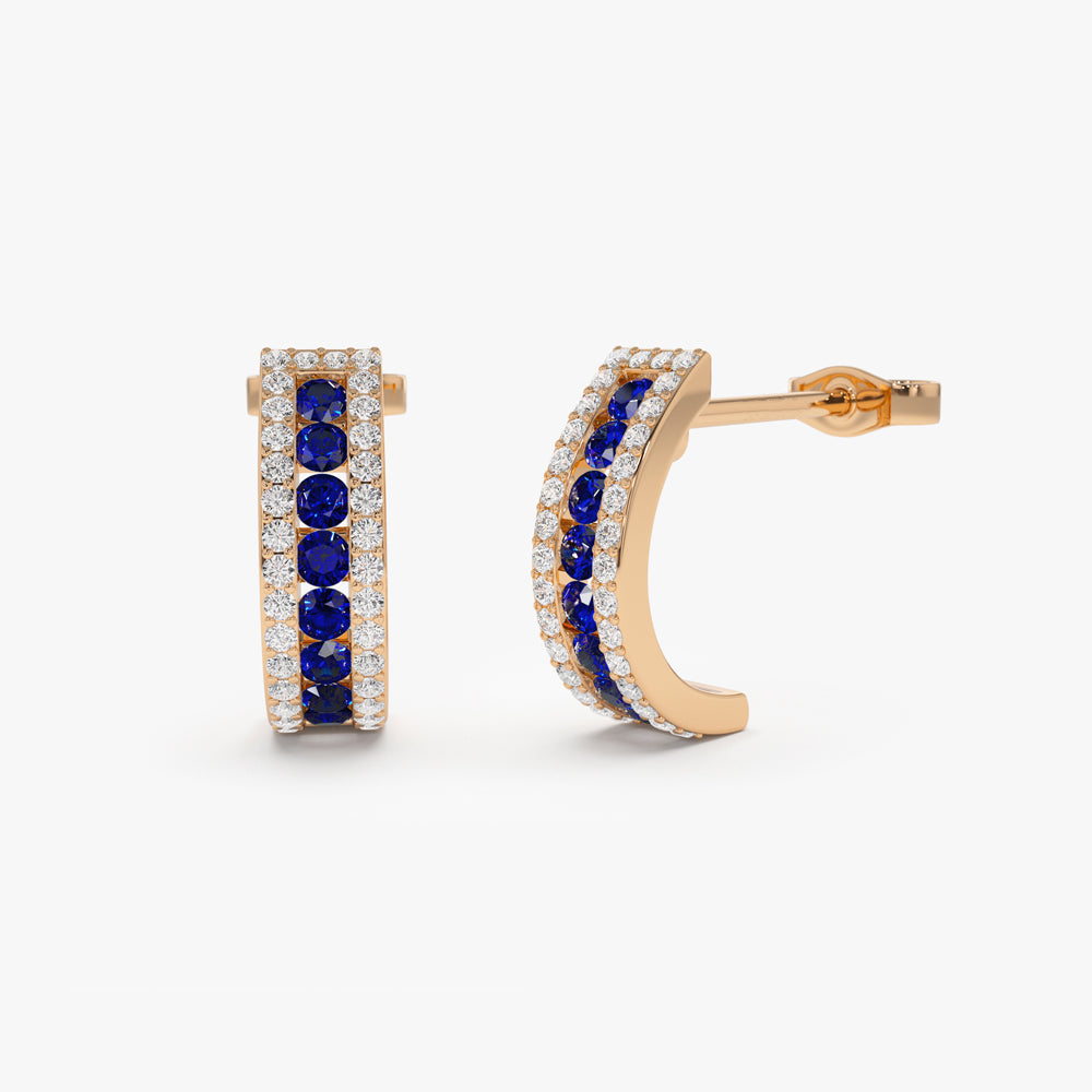 14k Sapphire and Round Diamond Hoop Earrings - Geum Jewels