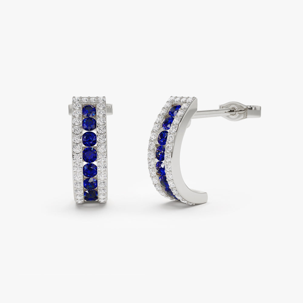 14k Sapphire and Round Diamond Hoop Earrings - Geum Jewels
