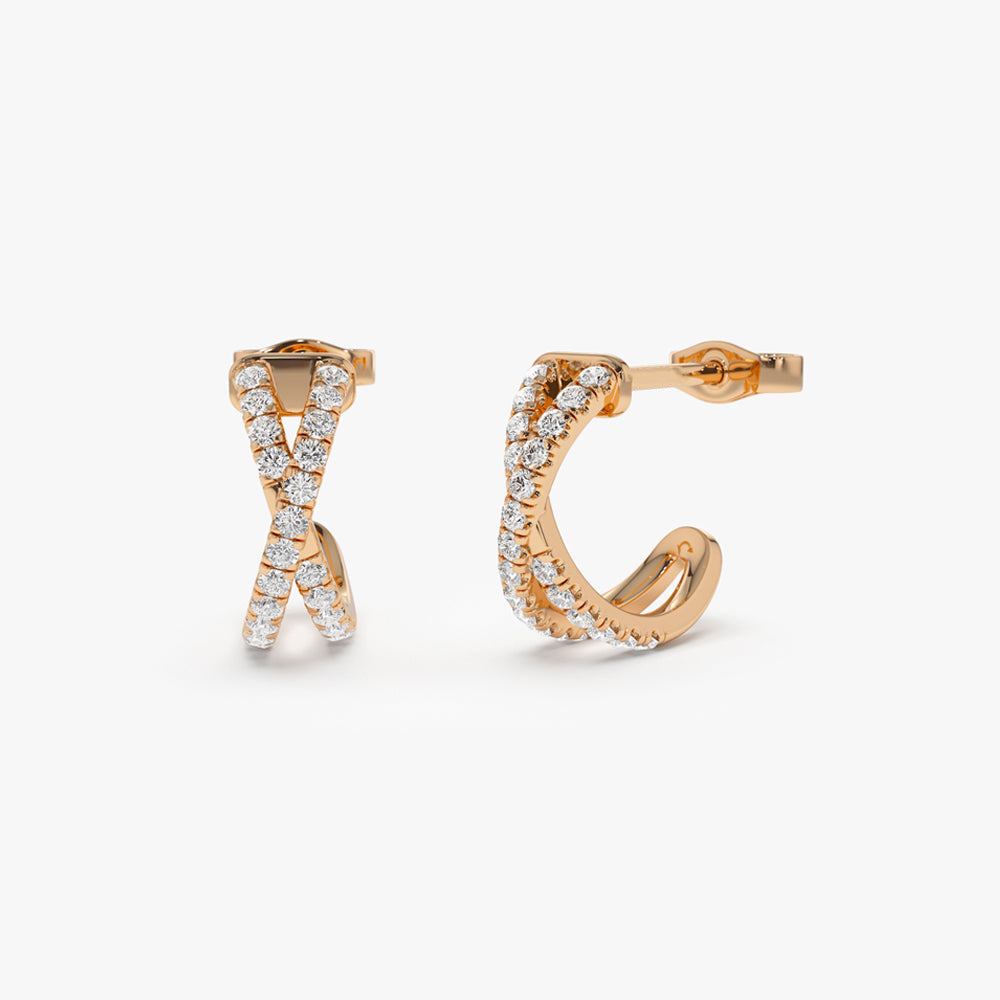 14k Solid Gold Criss Cross Pave Diamond Earrings - Geum Jewels