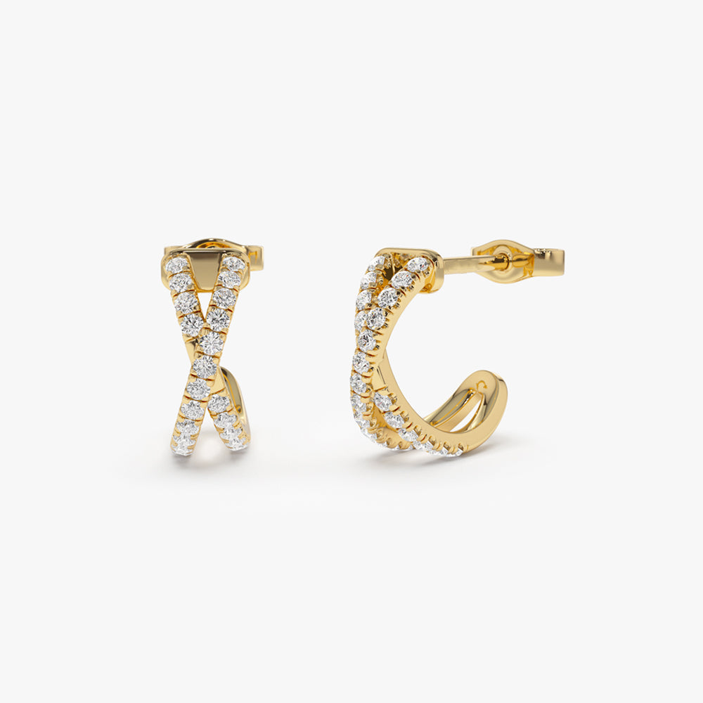 14k Solid Gold Criss Cross Pave Diamond Earrings - Geum Jewels