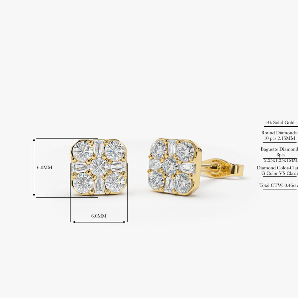 14k Square Baguette and Round Diamond Earrings - Geum Jewels