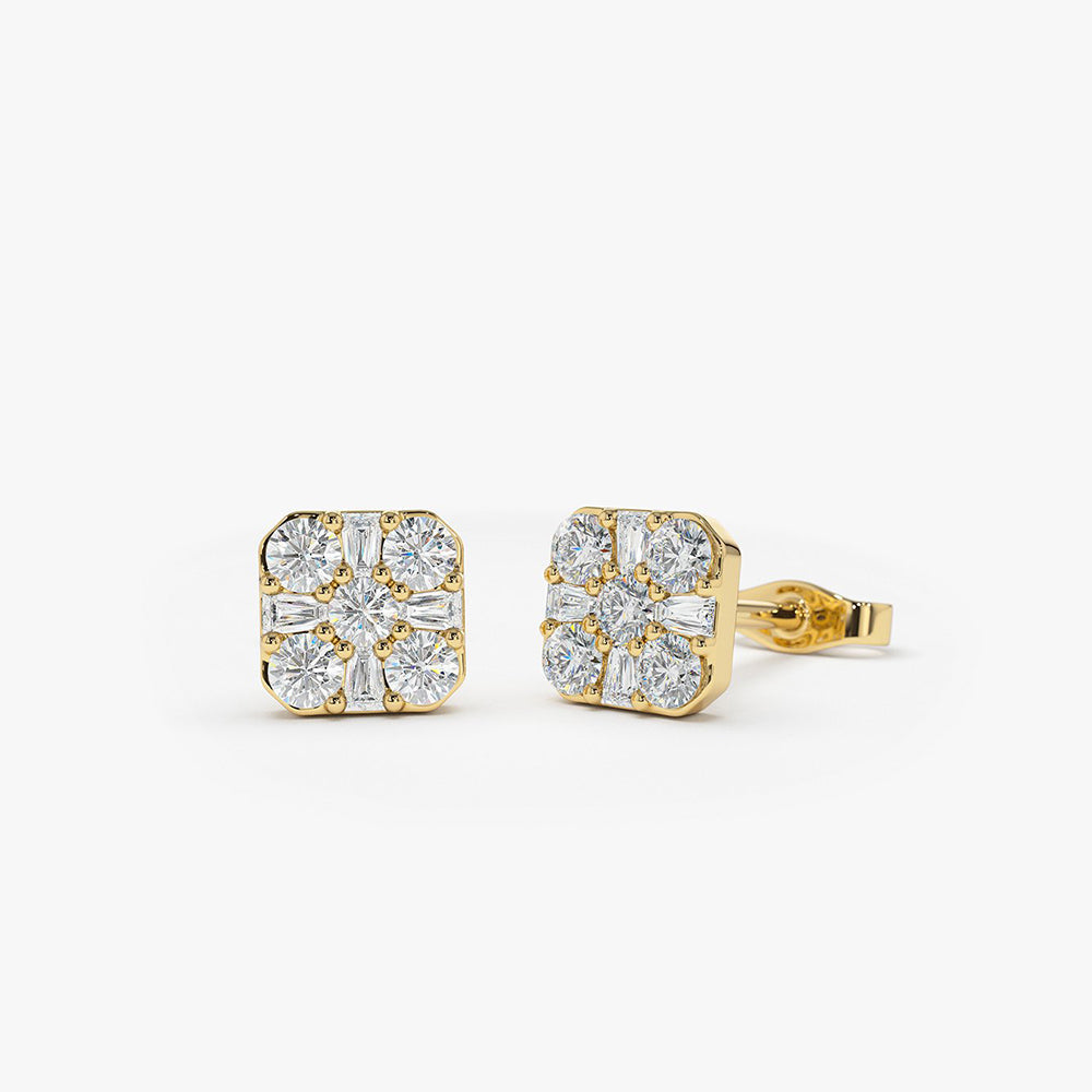 14k Square Baguette and Round Diamond Earrings - Geum Jewels