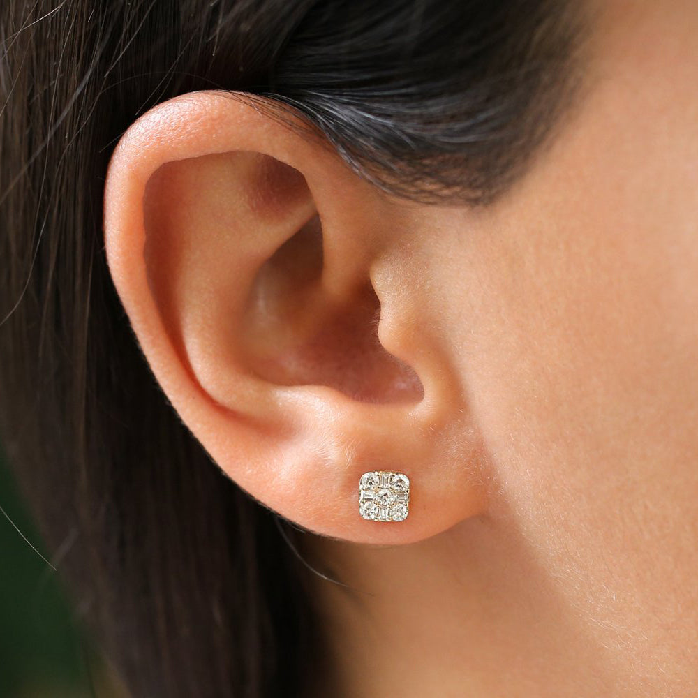 14k Square Baguette and Round Diamond Earrings - Geum Jewels