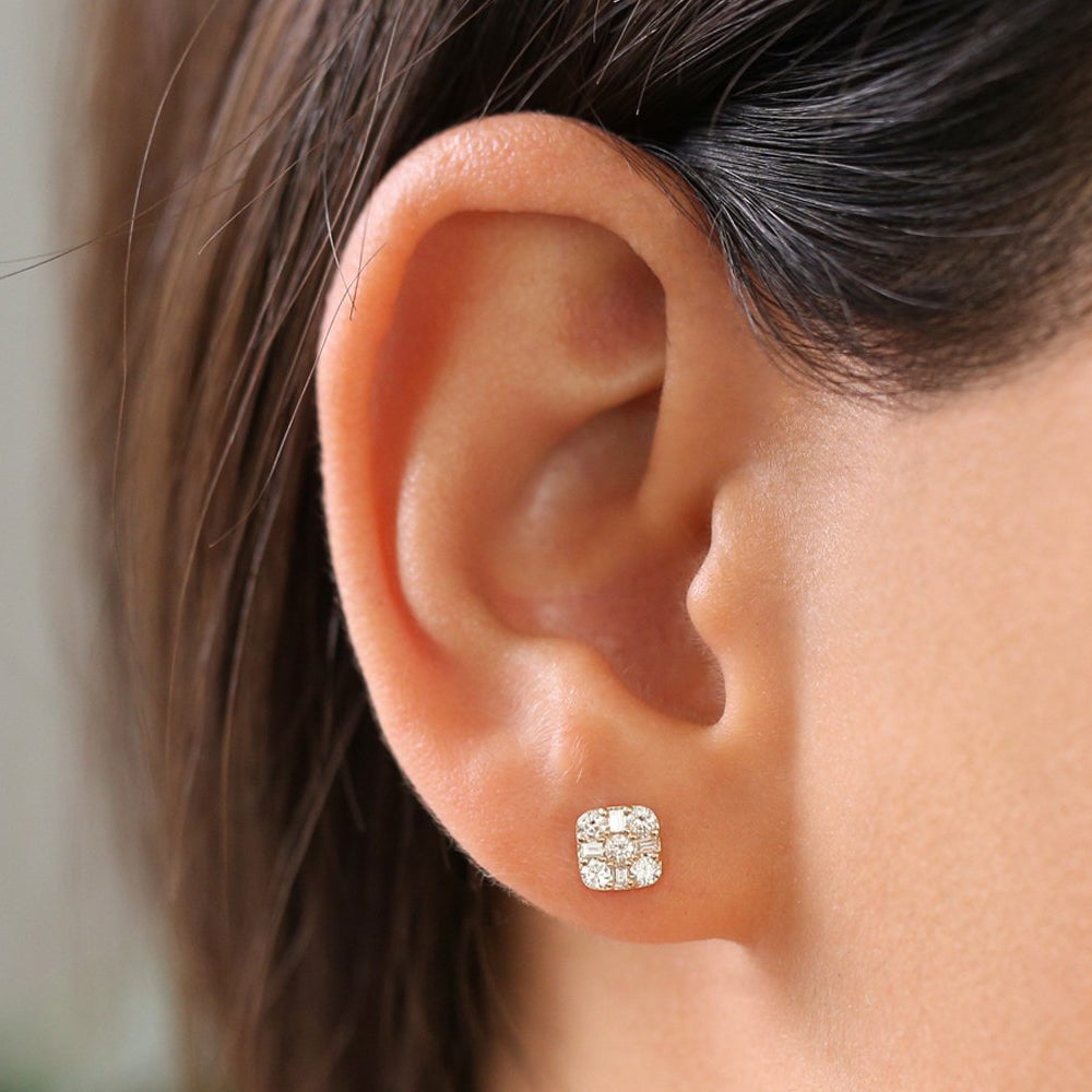 14k Square Baguette and Round Diamond Earrings - Geum Jewels