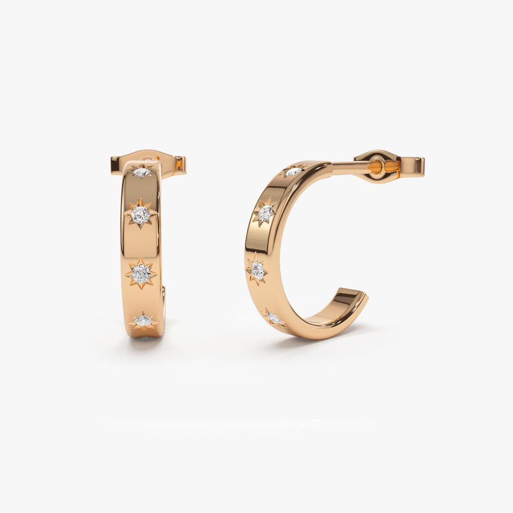 14k Starsetting Minimal Diamond Hoops - Geum Jewels