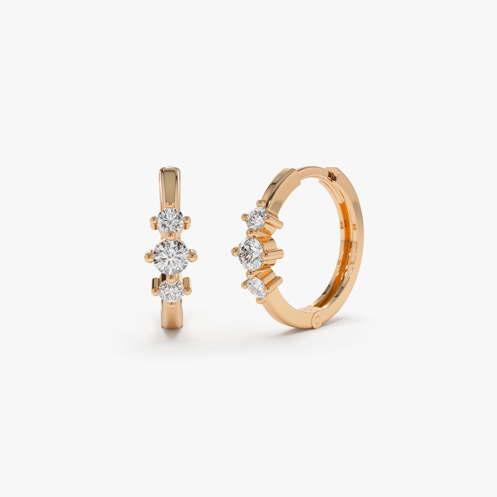 14k Three Stone Mini Diamond Huggies - Geum Jewels