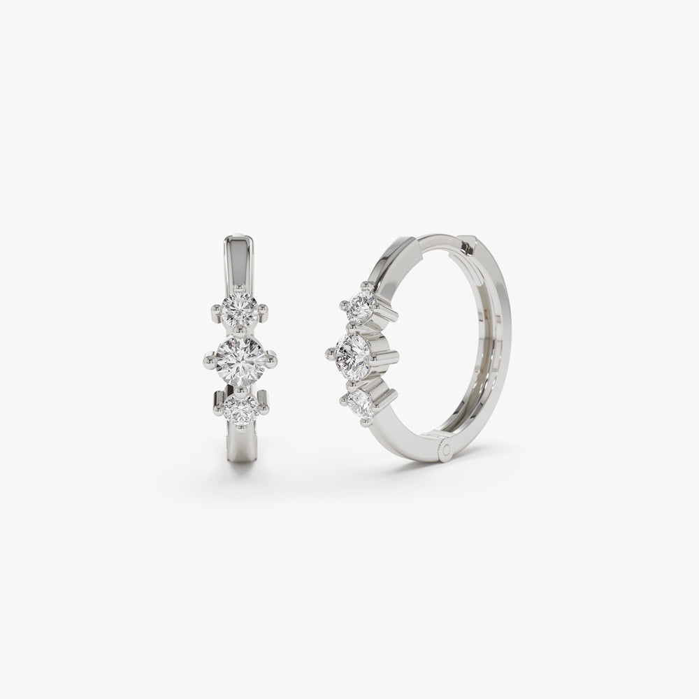 14k Three Stone Mini Diamond Huggies - Geum Jewels