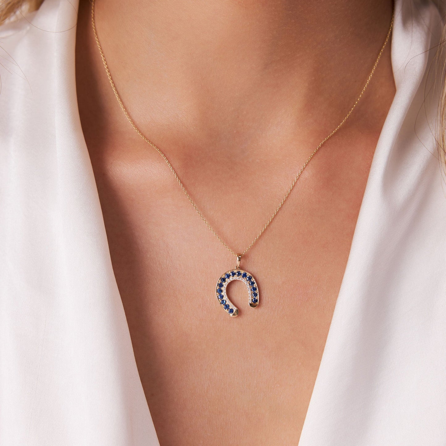 14k Sapphire and Diamond Horseshoe Pendant