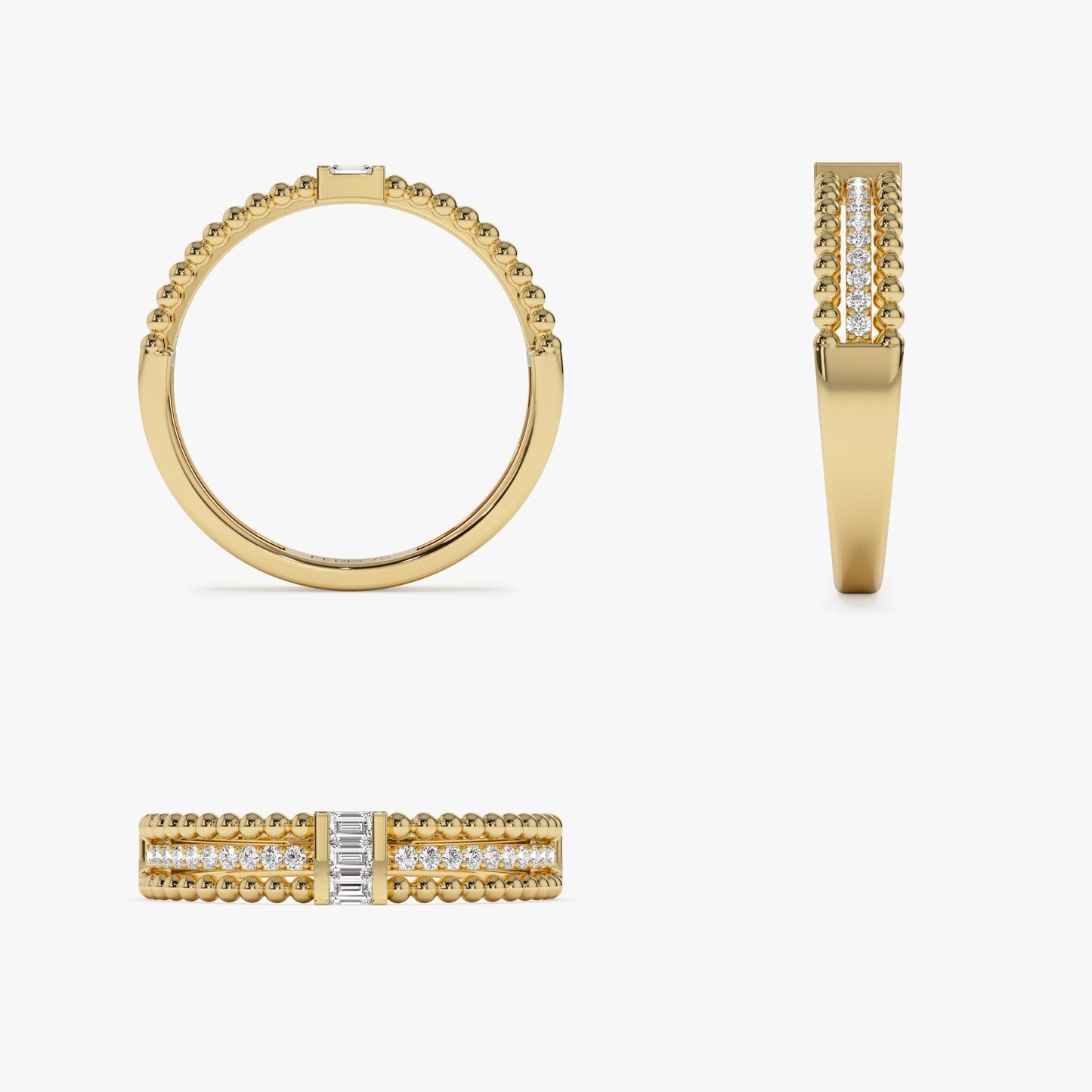 14k Beaded Baguette and Round Diamond Ring