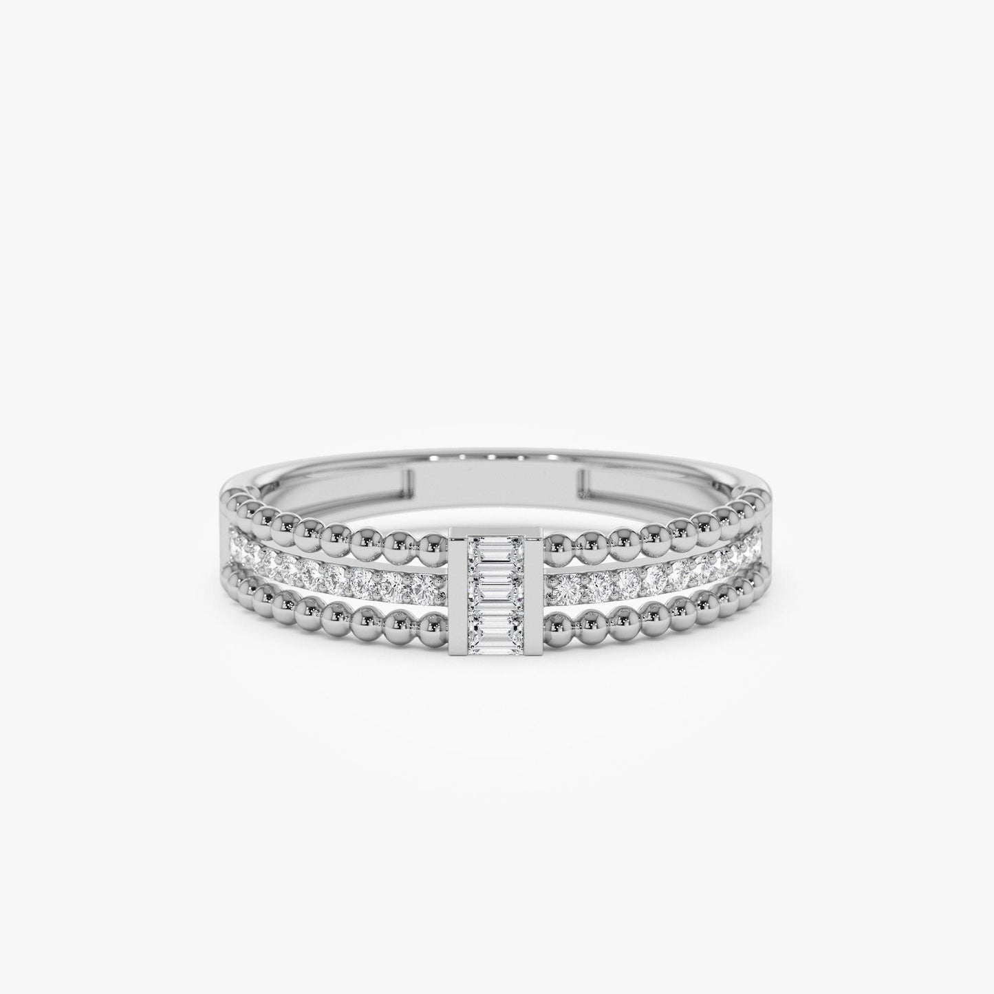 14k Beaded Baguette and Round Diamond Ring - Geum Jewels
