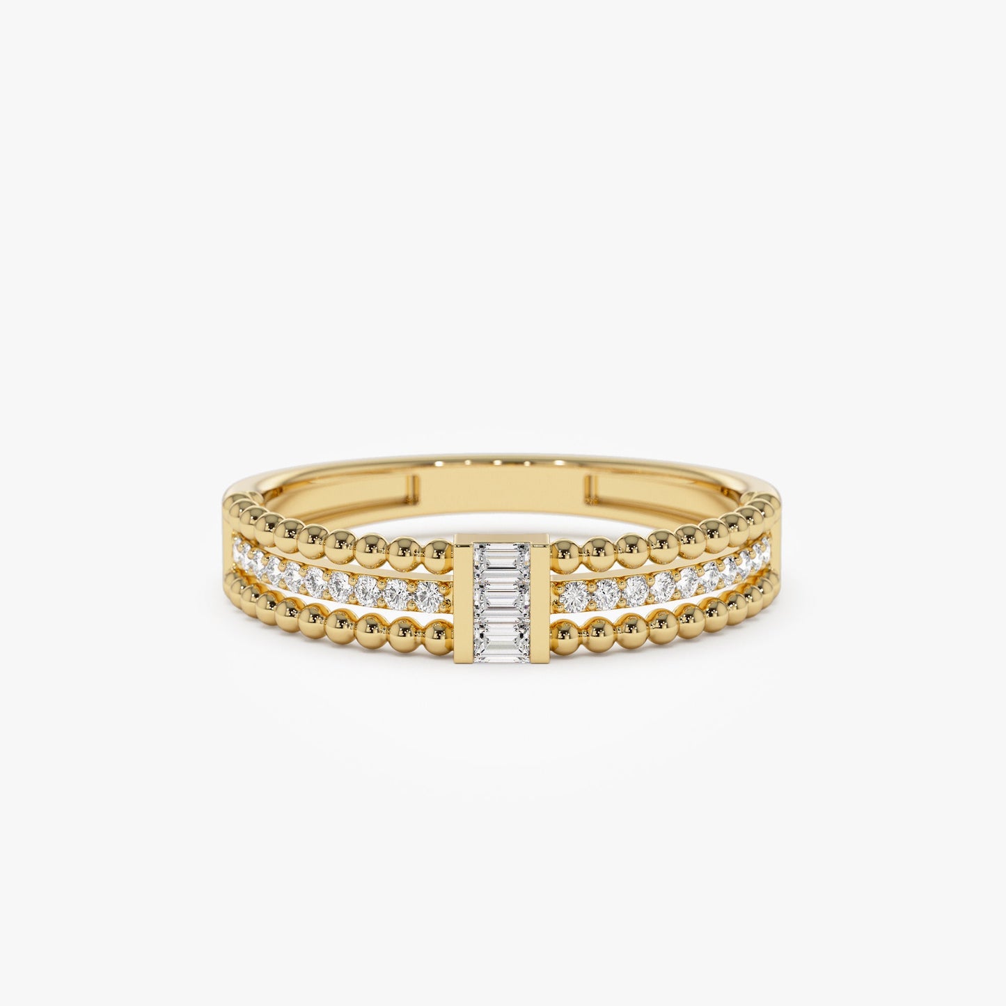 14k Beaded Baguette and Round Diamond Ring - Geum Jewels