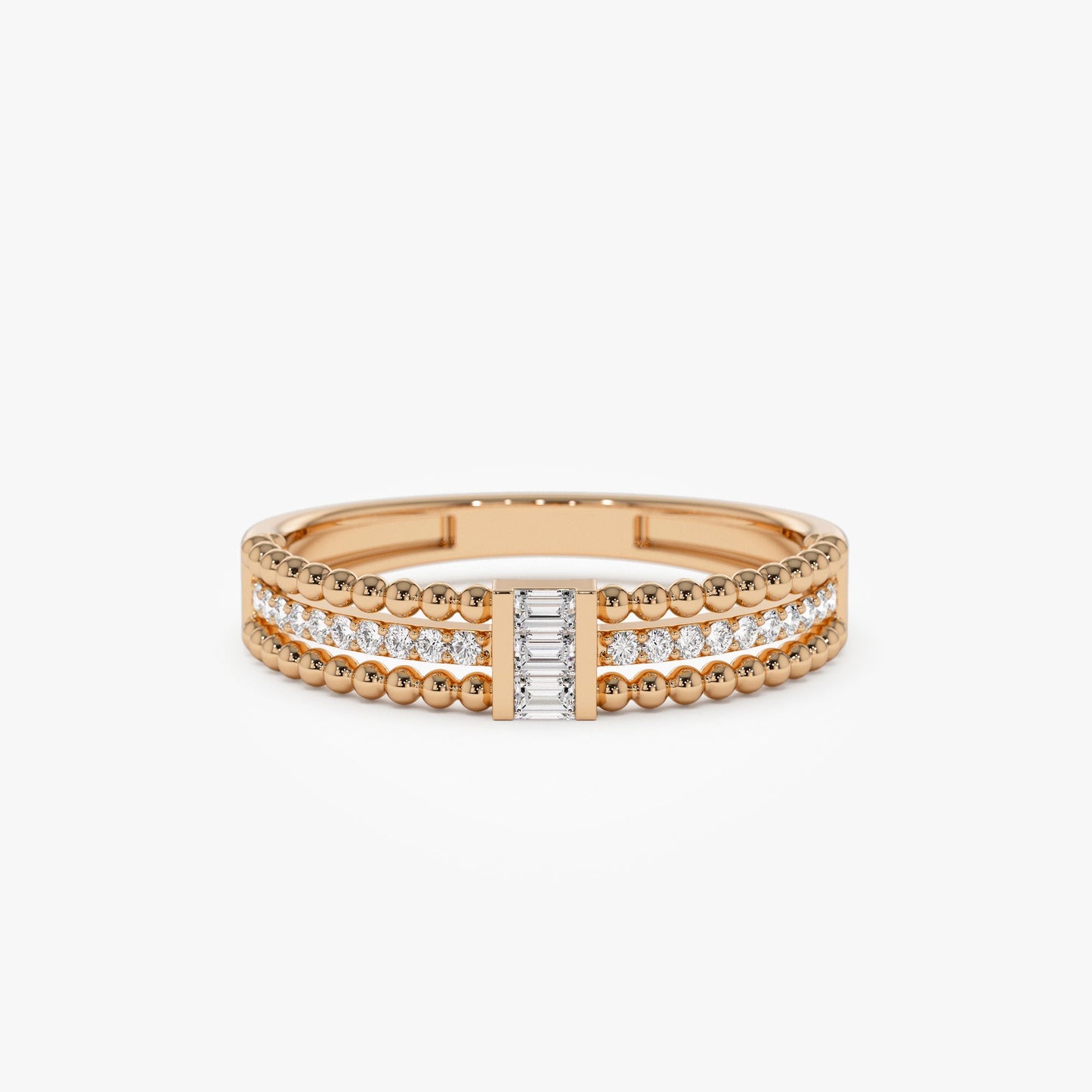 14k Beaded Baguette and Round Diamond Ring - Geum Jewels