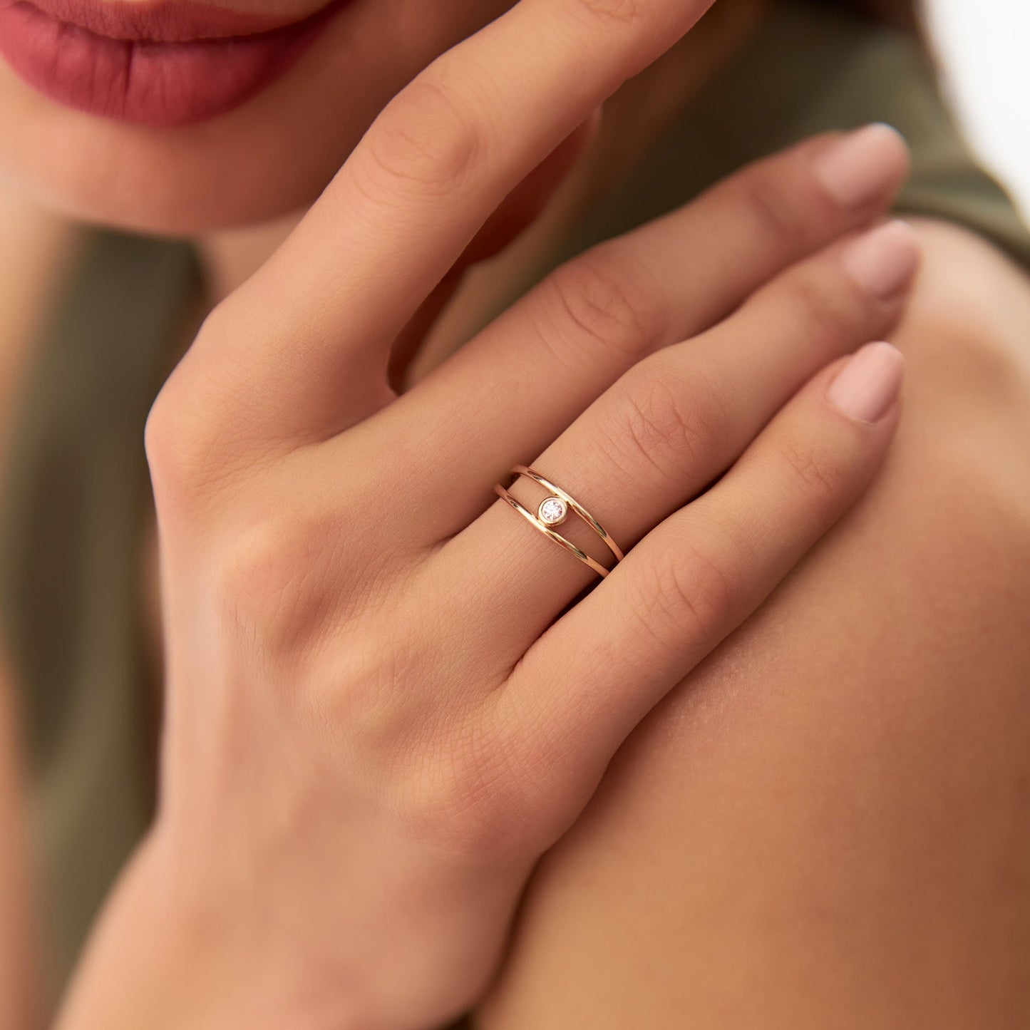 14k Double Band Bezel Setting Diamond Solitaire Ring