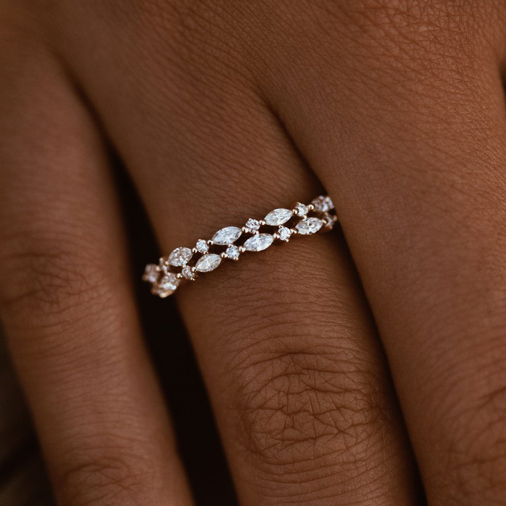 14k Double Row Alternating Marquise Round Diamond Ring