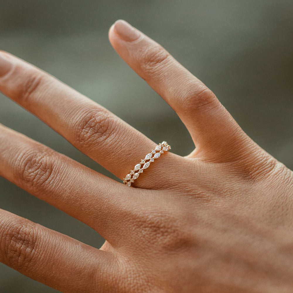 14k Double Row Alternating Marquise Round Diamond Ring