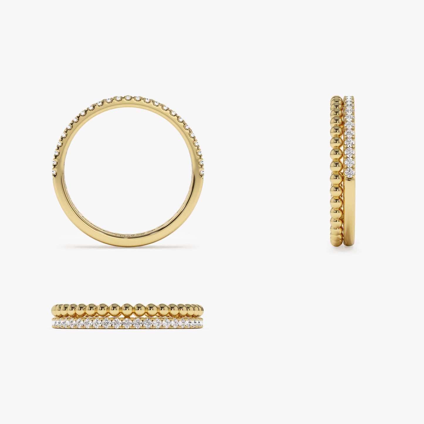 14K Stacked Beaded Ring with Diamond Ring