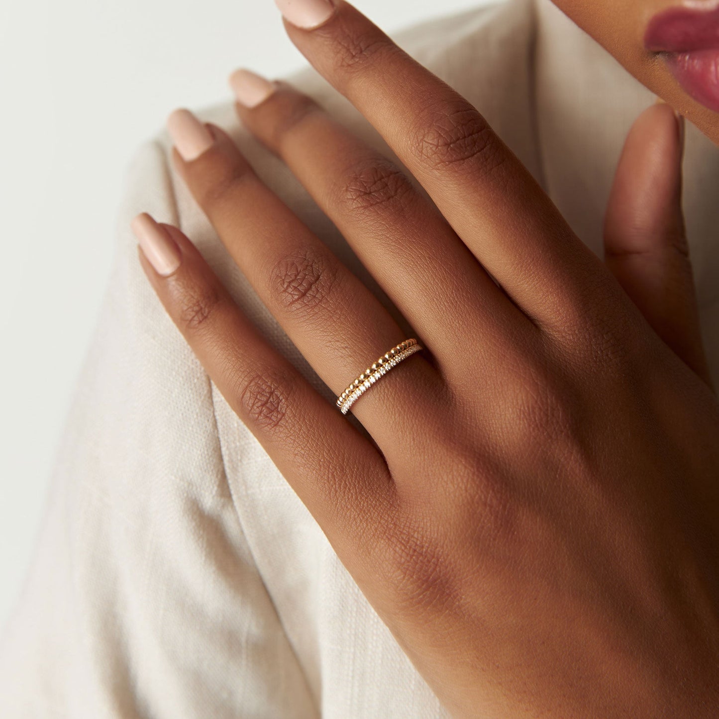 14K Stacked Beaded Ring with Diamond Ring