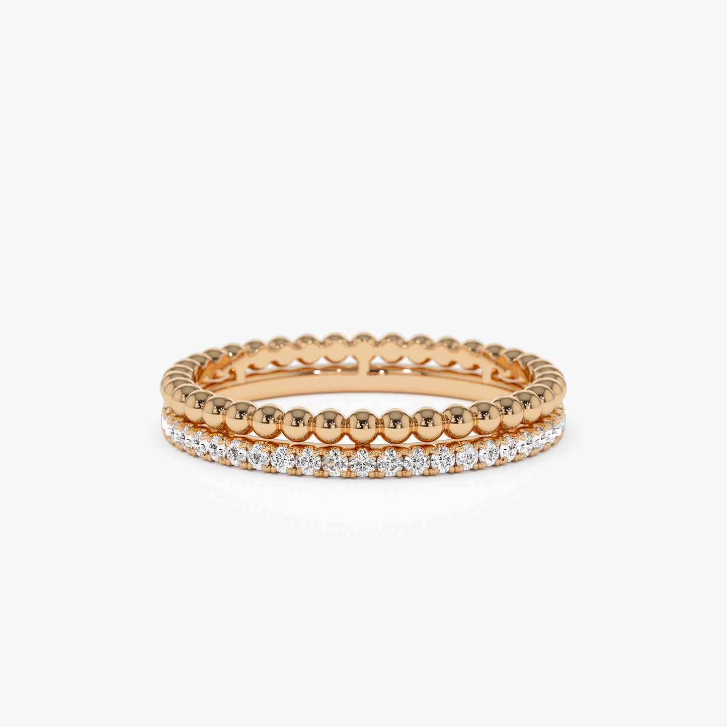 14K Stacked Beaded Ring with Diamond Ring - Geum Jewels