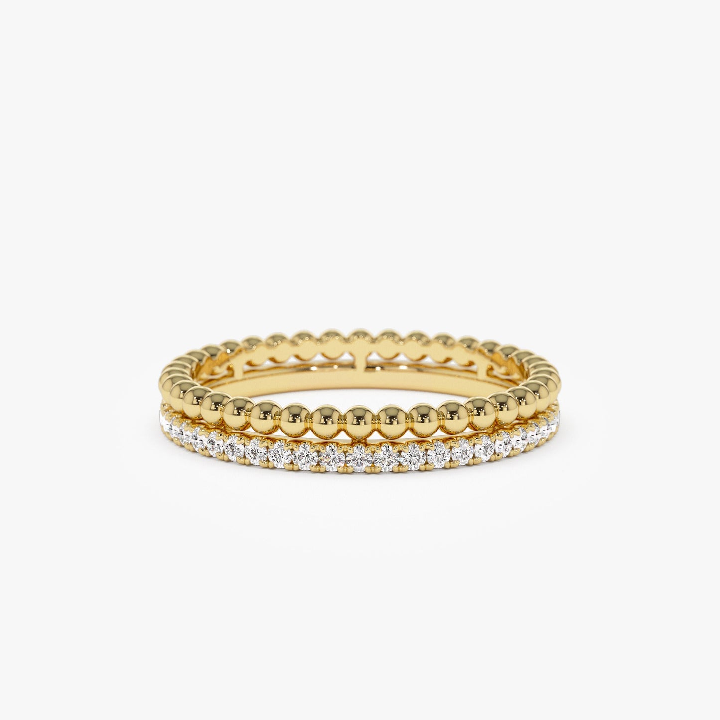 14K Stacked Beaded Ring with Diamond Ring - Geum Jewels