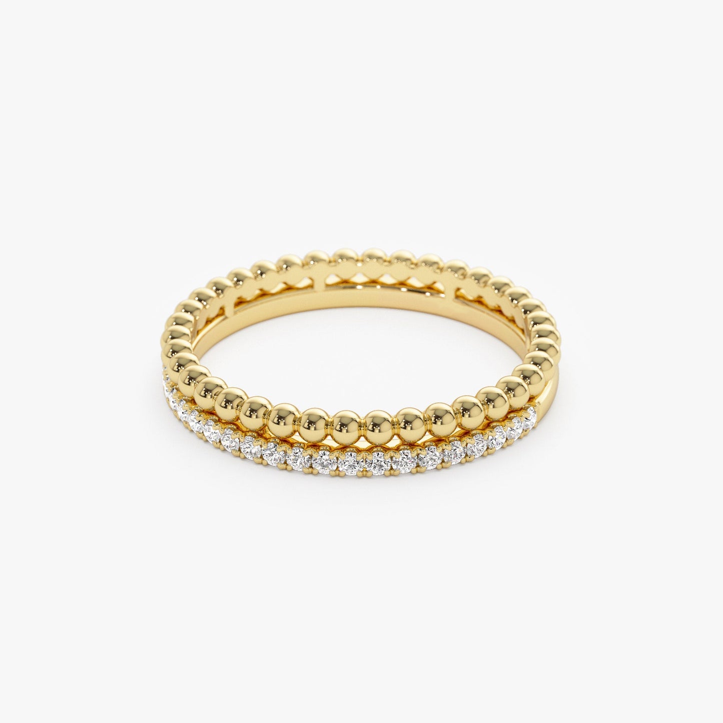 14K Stacked Beaded Ring with Diamond Ring - Geum Jewels