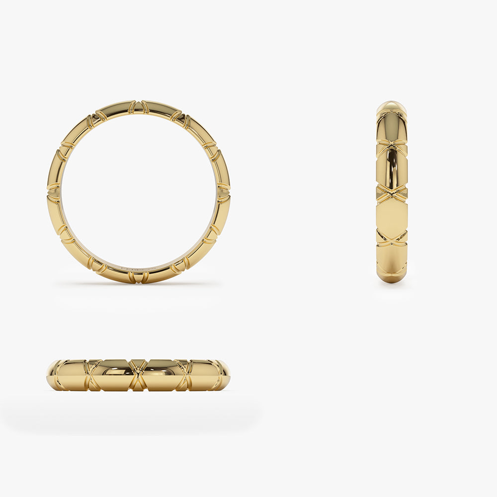 14k 3MM Unique X Cut Design Gold Wedding Ring