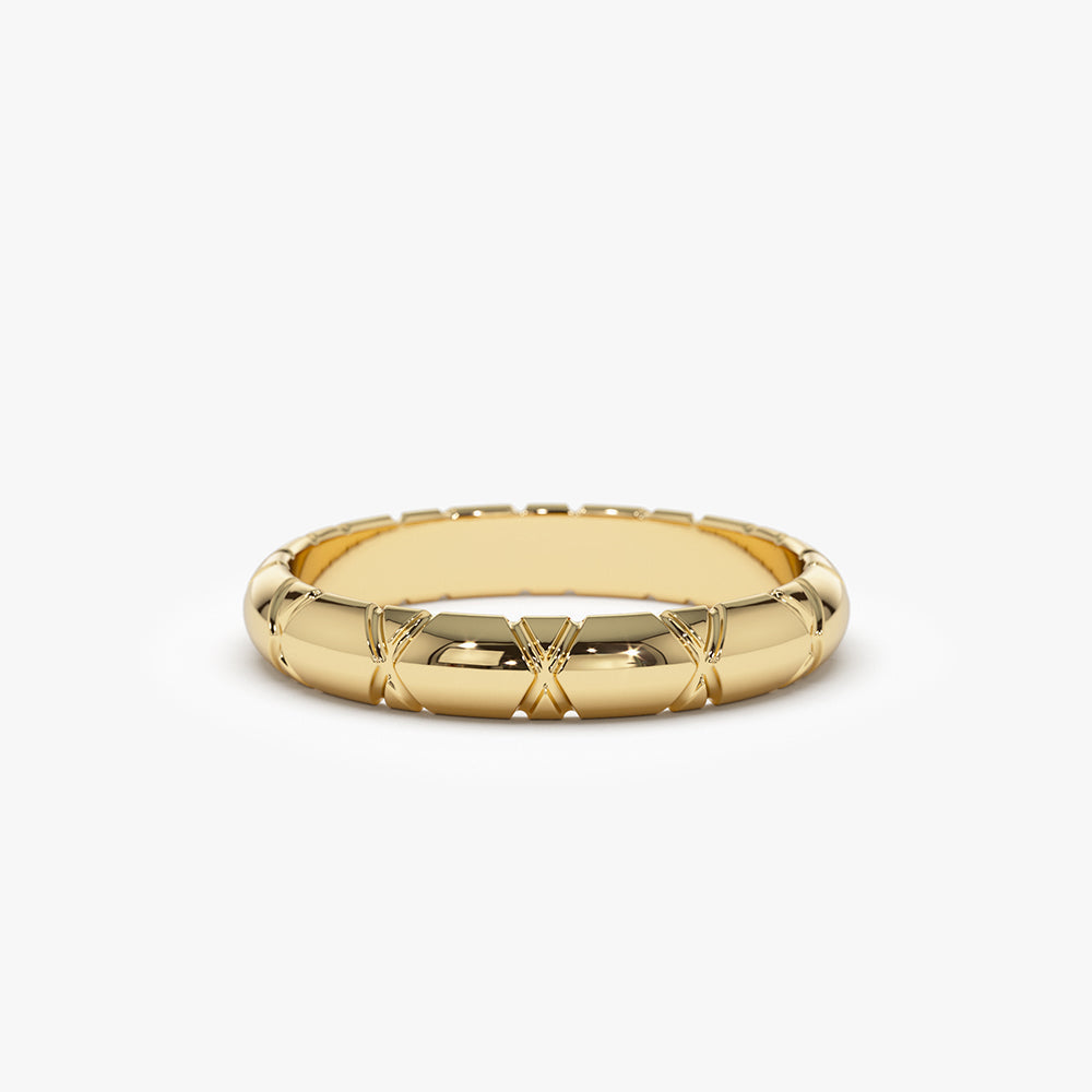 14k 3MM Unique X Cut Design Gold Wedding Ring - Geum Jewels