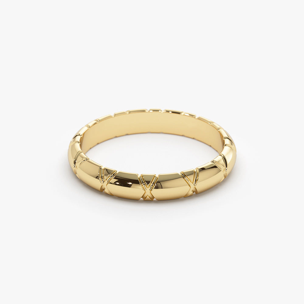 14k 3MM Unique X Cut Design Gold Wedding Ring - Geum Jewels