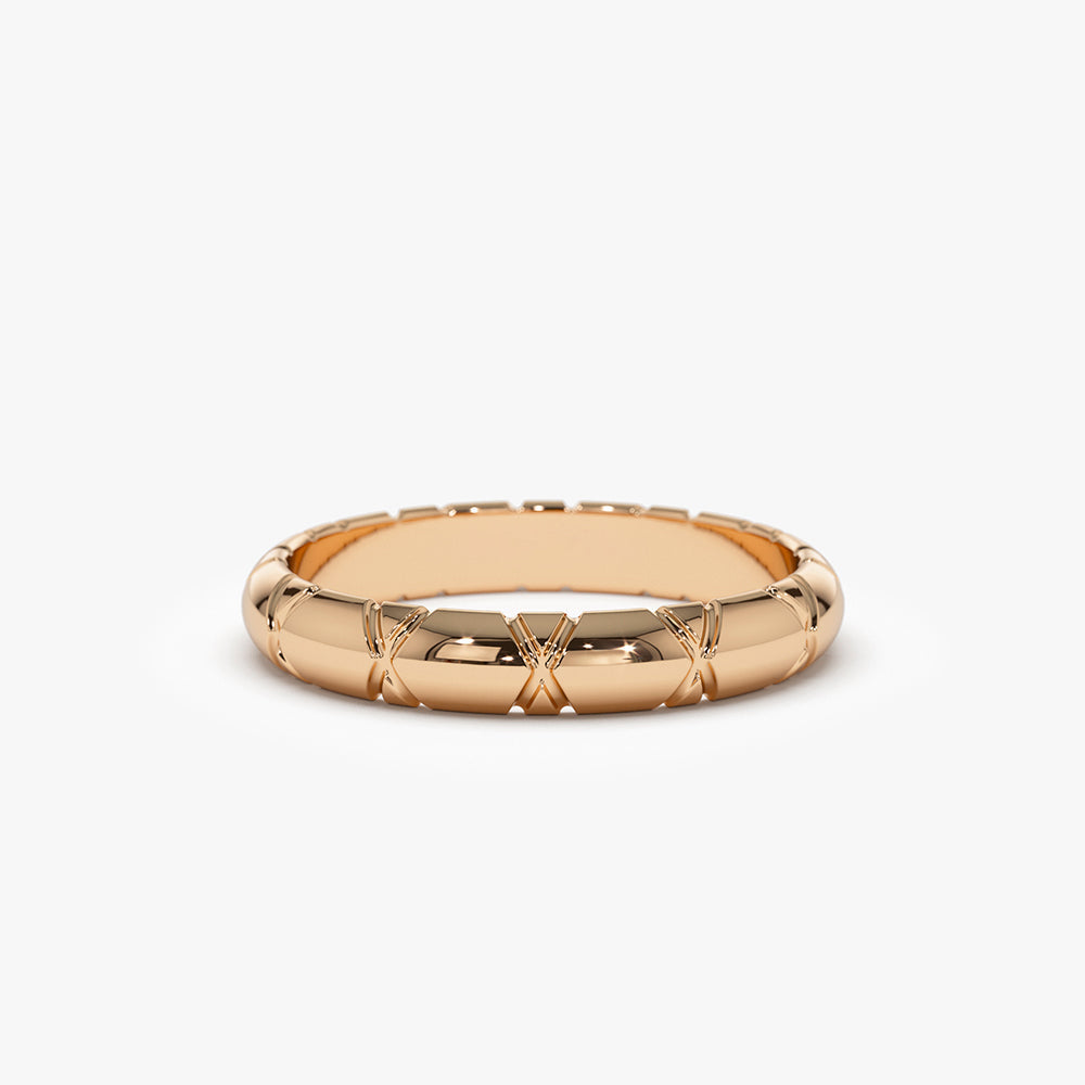 14k 3MM Unique X Cut Design Gold Wedding Ring - Geum Jewels