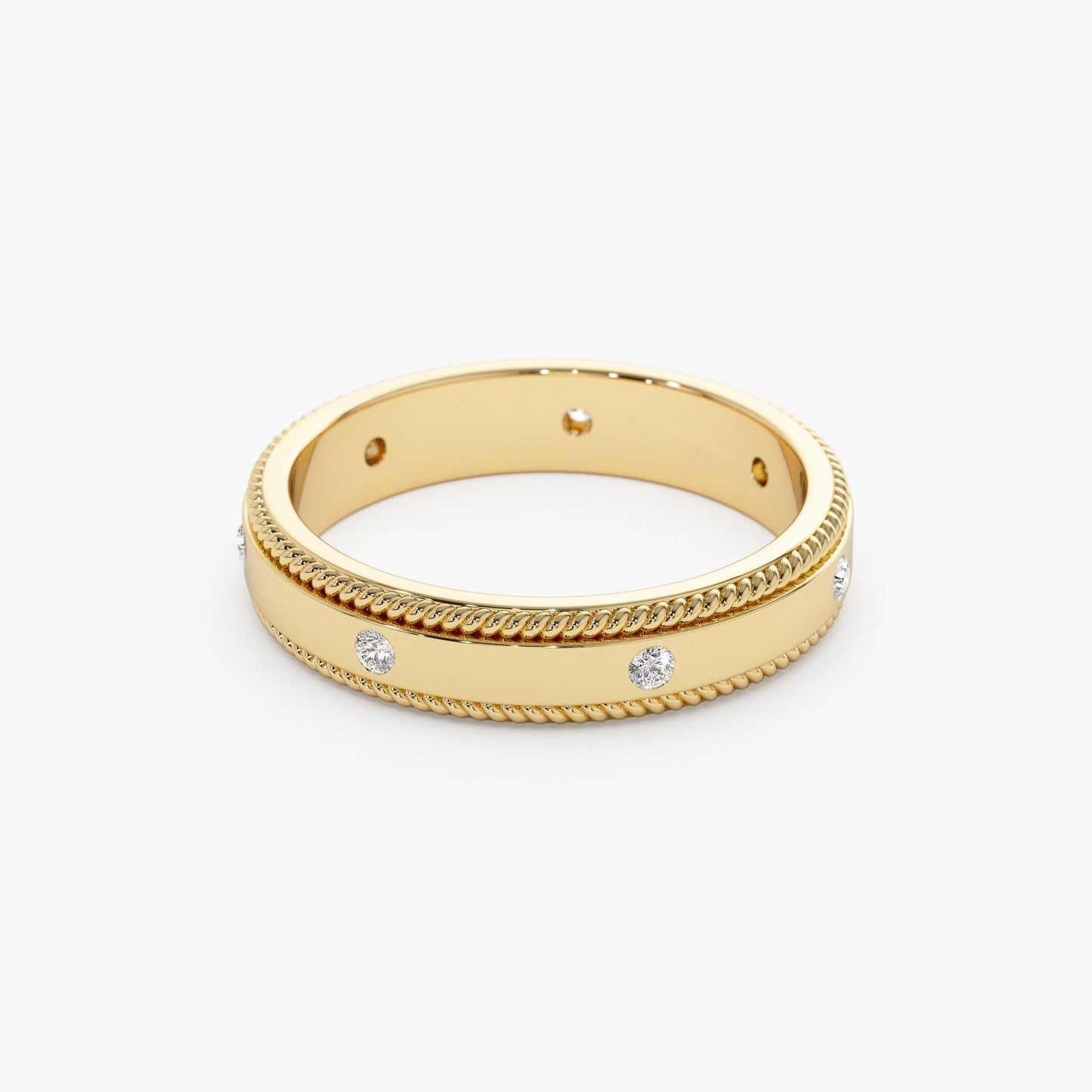 14k 4MM Flat Milgrain Edge Diamond Wedding Band - Geum Jewels