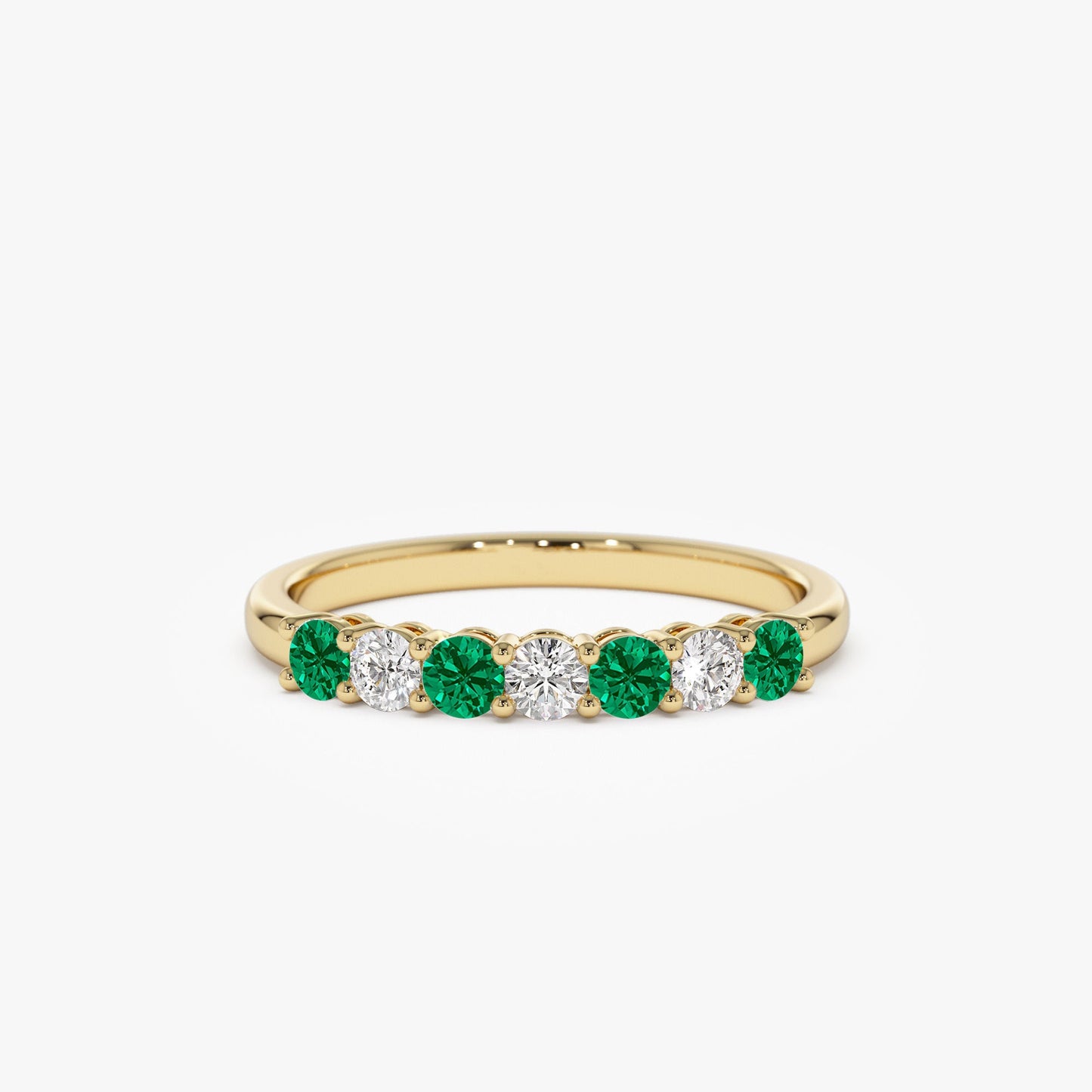 14k 7 Stone Basket Setting Diamond and Emerald Wedding Ring - Geum Jewels
