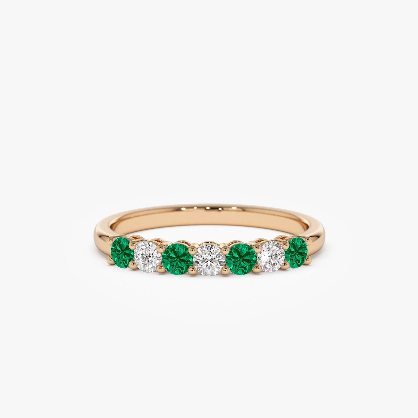 14k 7 Stone Basket Setting Diamond and Emerald Wedding Ring - Geum Jewels
