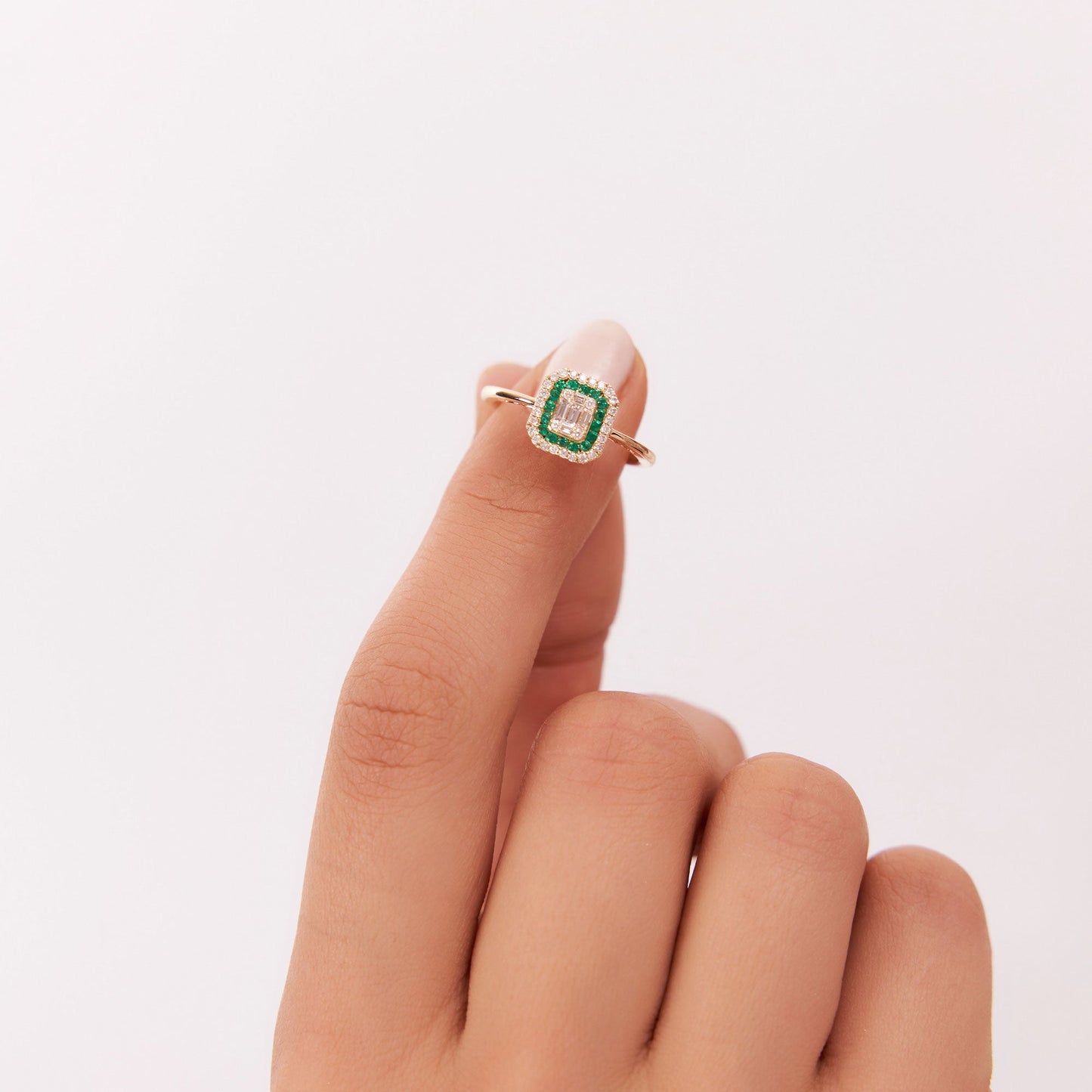 14k Baguette and Round Emerald Ring with Halo Setting