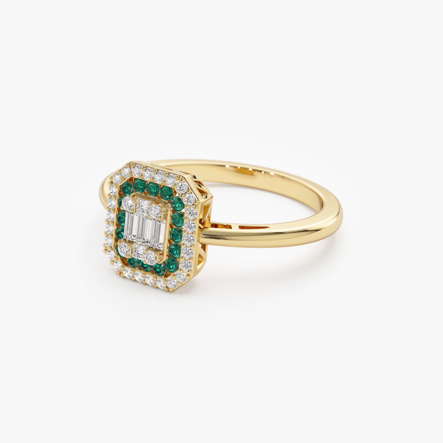 14k Baguette and Round Emerald Ring with Halo Setting - Geum Jewels